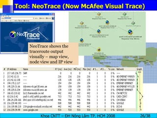 Tool: NeoTrace (Now McAfee Visual Trace) NeoTrace shows the traceroute output visually – map view, node view and IP view 