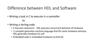 Difference between HDL and Software
• Writing a task in C to execute in a controller
Vs
• Writing a Verilog code
• C Executes statement HDL executes concurrent behavior of hardware
• C compiler generates machine language that fits some hardware whereas
HDL generates hardware its self
• Embedded code ≠ embedded hardware (a Kind of)
 