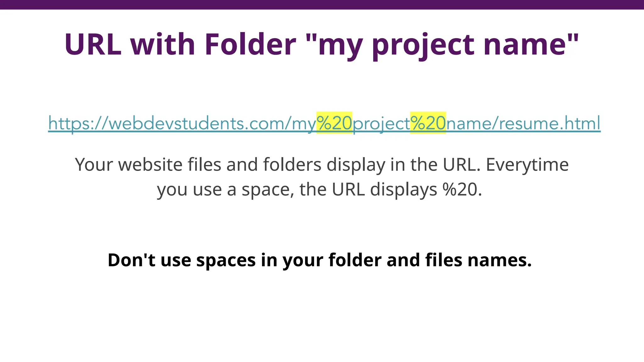 URL with Folder "my project name"
Your website files and folders display in the URL. Everytime
you use a space, the URL displays %20.
Don't use spaces in your folder and files names.
 