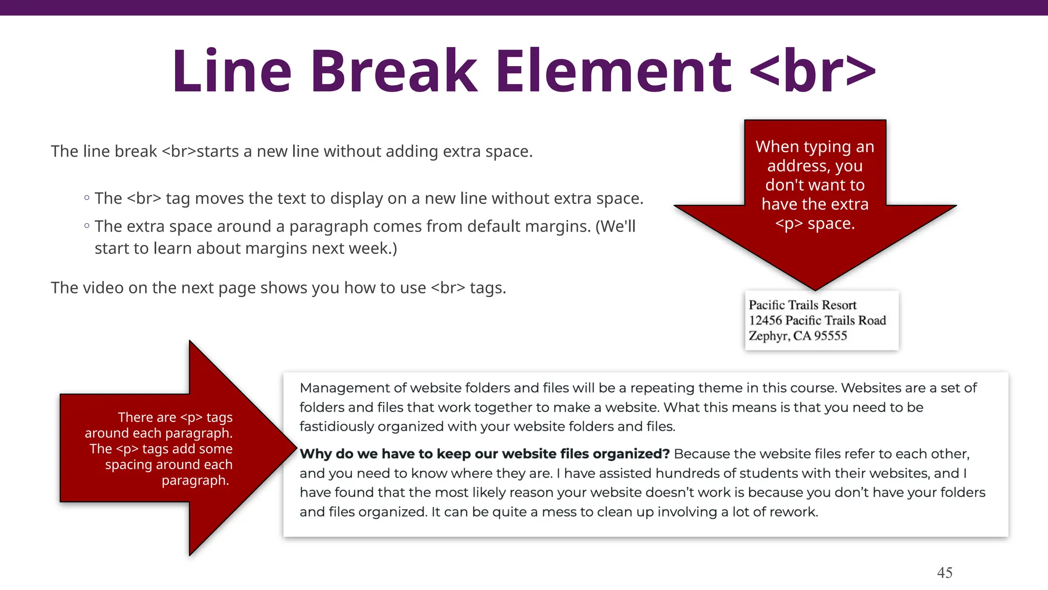 Line Break Element <br>
The line break <br>starts a new line without adding extra space.
◦ The <br> tag moves the text to display on a new line without extra space.
◦ The extra space around a paragraph comes from default margins. (We'll
start to learn about margins next week.)
The video on the next page shows you how to use <br> tags.
45
There are <p> tags
around each paragraph.
The <p> tags add some
spacing around each
paragraph.
When typing an
address, you
don't want to
have the extra
<p> space.
 
