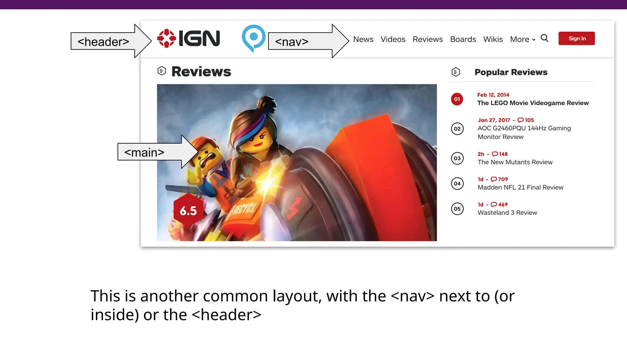 <header> <nav>
<main>
This is another common layout, with the <nav> next to (or
inside) or the <header>
 