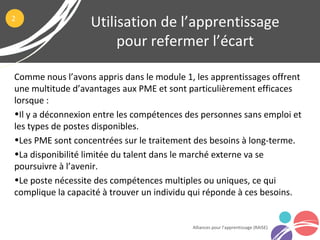 Comme nous l’avons appris dans le module 1, les apprentissages offrent
une multitude d’avantages aux PME et sont particulièrement efficaces
lorsque :
•Il y a déconnexion entre les compétences des personnes sans emploi et
les types de postes disponibles.
•Les PME sont concentrées sur le traitement des besoins à long-terme.
•La disponibilité limitée du talent dans le marché externe va se
poursuivre à l’avenir.
•Le poste nécessite des compétences multiples ou uniques, ce qui
complique la capacité à trouver un individu qui réponde à ces besoins.
Utilisation de l’apprentissage
pour refermer l’écart
Alliances pour l’apprentissage (RAISE)
2
 