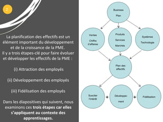 La planification des effectifs est un
élément important du développement
et de la croissance de la PME.
Il y a trois étapes-clé pour faire évoluer
et développer les effectifs de la PME :
(i) Attraction des employés
(ii) Développement des employés
(iii) Fidélisation des employés
Dans les diapositives qui suivent, nous
examinons ces trois étapes car elles
s’appliquent au contexte des
apprentissages.
2 Business
Plan
Ventes
Chiffre
d’affaires
Produits
Services
Marchés
Systèmes
Technologie
Plan des
effectifs
Susciter
l’intérêt
Développe-
ment
Fidélisation
+ +
 