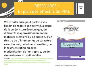 Votre entreprise peut parfois avoir
besoin de réduire son activité, à cause
de la conjoncture économique, de
difficultés d’approvisionnement en
matières première ou en énergie, d’un
sinistre ou d’intempéries de caractère
exceptionnel, de la transformation, de
la restructuration ou de la
modernisation de l’entreprise, ou de
circonstances exceptionnelles.
Sources: http://travail-emploi.gouv.fr/emploi/accompagnement-des-tpe-
pme/tpe-pme/gerer-les-evolutions-de-mon-activite-et-de-mes-
effectifs/article/gerer-les-evolutions-de-l-activite-et-l-organisation-du-
travail
Alliances pour l’apprentissage (RAISE)
2
RESSOURCE :
b- plan des effectifs de PME
Gérer les évolutions de
l’activité et de mes
effectifs
 