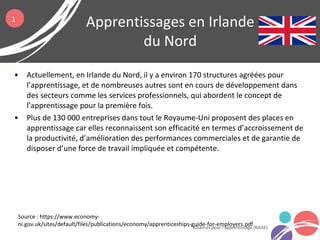 • Actuellement, en Irlande du Nord, il y a environ 170 structures agréées pour
l’apprentissage, et de nombreuses autres sont en cours de développement dans
des secteurs comme les services professionnels, qui abordent le concept de
l’apprentissage pour la première fois.
• Plus de 130 000 entreprises dans tout le Royaume-Uni proposent des places en
apprentissage car elles reconnaissent son efficacité en termes d’accroissement de
la productivité, d’amélioration des performances commerciales et de garantie de
disposer d’une force de travail impliquée et compétente.
Apprentissages en Irlande
du Nord
Alliances pour l’apprentissage (RAISE)
Source : https://www.economy-
ni.gov.uk/sites/default/files/publications/economy/apprenticeships-guide-for-employers.pdf
1
 