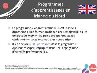 • Le programme « ApprenticeshipsNI » est la mise à
disposition d’une formation dirigée par l’employeur, où les
employeurs mettent au point des apprentissages
conformément aux besoins de leur entreprise.
• Il y a environ 6 600 personnes dans le programme
ApprenticeshipNI, impliqués dans une large gamme
d’activités professionnelles.
Programmes
d’apprentissages en
Irlande du Nord -
« ApprenticeshipsNI »
Alliances pour l’apprentissage (RAISE)
Source : https://www.economy-
ni.gov.uk/sites/default/files/publications/economy/apprenticeships-guide-for-employers.pdf
1
 