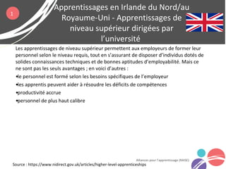 Les apprentissages de niveau supérieur permettent aux employeurs de former leur
personnel selon le niveau requis, tout en s’assurant de disposer d’individus dotés de
solides connaissances techniques et de bonnes aptitudes d’employabilité. Mais ce
ne sont pas les seuls avantages ; en voici d’autres :
•le personnel est formé selon les besoins spécifiques de l’employeur
•les apprentis peuvent aider à résoudre les déficits de compétences
•productivité accrue
•personnel de plus haut calibre
Apprentissages en Irlande du Nord/au
Royaume-Uni - Apprentissages de
niveau supérieur dirigées par
l’université
Alliances pour l’apprentissage (RAISE)
Source : https://www.nidirect.gov.uk/articles/higher-level-apprenticeships
1
 