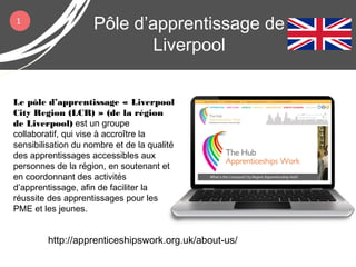 Pôle d’apprentissage de
Liverpool
Le pôle d’apprentissage « Liverpool
City Region (LCR) » (de la région
de Liverpool) est un groupe
collaboratif, qui vise à accroître la
sensibilisation du nombre et de la qualité
des apprentissages accessibles aux
personnes de la région, en soutenant et
en coordonnant des activités
d’apprentissage, afin de faciliter la
réussite des apprentissages pour les
PME et les jeunes.
1
http://apprenticeshipswork.org.uk/about-us/
 