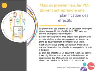Alliances pour l’apprentissage (RAISE)
Mais en premier lieu, les PME
doivent entreprendre une
planification des
effectifs
2
 