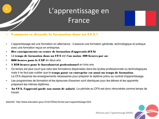 L’apprentissage en
France
Alliances pour l’apprentissage (RAISE)
4
• Comment se déroule la formation dans un CFA ?
• L'apprentissage est une formation en alternance : il associe une formation générale, technologique et pratique
avec une formation reçue en entreprise.
• Des enseignements en centre de formation d'apprentis (CFA)
• Le temps de formation dans un CFA est d'au moins 400 heures par an :
• 800 heures pour le CAP en deux ans
• 1 850 heures pour le baccalauréat professionnel en trois ans
• Ce temps est plus court que celui des formations dispensées dans les lycées professionnels ou technologiques
mais il ne faut pas oublier que le temps passé en entreprise est aussi un temps de formation.
Le CFA dispense les enseignements nécessaires pour préparer le diplôme prévu au contrat d'apprentissage.
• Les programmes de formation et les épreuves d'examen sont identiques pour les élèves et les apprentis
préparant les mêmes diplômes.
• Au CFA, l'apprenti garde son statut de salarié. La période au CFA est donc rémunérée comme temps de
travail.
source: http://www.education.gouv.fr/cid155/se-former-par-l-apprentissage.html
 