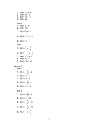 23
2. f(x) = -2x + 4
3. f(x) = 5x – 7
4. f(x) = -8x – 1
5. f(x) = 6x
Set B
1. f(x) = x – 1
2. f(x) = -9x
3. ( ) 2x
3
4
xf −=
4. ( ) 1 1
f x x
3 3
= − −
5. ( )
3
4
x7xf −=
Set C
1. ( )
4
1
x
3
2
xf −=
2. ( ) 2 1
f x x
5 3
= − −
3. f(x) = 0.2x + 1
4. f(x) = x – 0.1
5. ( )f x 2x 2= +
Lesson 6
Set A
1. ( ) 2x
3
2
xf +−=
2. ( ) 4x2xf +=
3. ( ) 3x3xf −=
4. ( ) 1x
8
1
xf −−=
5. ( ) 8x2xf −−=
Set B
1. ( ) 6x
5
6
xf +−=
2. ( ) 12x3xf +=
3. ( ) 16x
3
4
xf −−=
4. ( ) 18x
5
6
xf −−=
5. ( )
7
1
x
7
3
xf +=
 