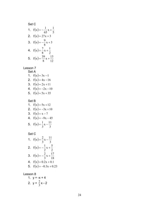 24
Set C
1. ( )
5
1
x
65
1
xf +−=
2. ( ) 3x27xf +=
3. ( ) 3x
8
9
xf +−=
4. ( )
2
1
x
8
7
xf +=
5. ( )
12
13
x
8
39
xf +=
Lesson 7
Set A
1. ( ) 1x3xf −=
2. ( ) 16x4xf −=
3. ( ) 11x2xf +=
4. ( ) 10x2xf −−=
5. ( ) 35x5xf +=
Set B
1. ( ) 12x5xf +=
2. ( ) 10x3xf +−=
3. ( ) 7xxf −=
4. ( ) 45x9xf −−=
5. ( )
3
11
x
3
1
xf −=
Set C
1. ( )
3
11
x
3
2
xf −=
2. ( )
2
5
x
2
1
xf +−=
3. ( )
18
17
x
3
2
xf +−=
4. ( ) 1.0x2.0xf +=
5. ( ) 23.0x3.0xf +−=
Lesson 8
1. y = -x + 4
2. y =
2
3
x - 2
 