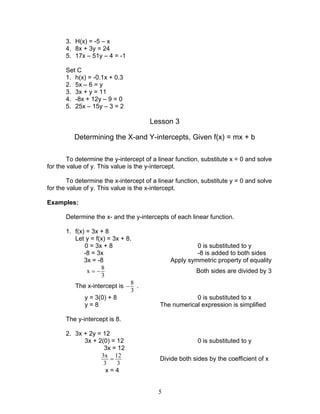 5
3. H(x) = -5 – x
4. 8x + 3y = 24
5. 17x – 51y – 4 = -1
Set C
1. h(x) = -0.1x + 0.3
2. 5x – 6 = y
3. 3x + y = 11
4. -8x + 12y – 9 = 0
5. 25x – 15y – 3 = 2
Lesson 3
Determining the X-and Y-intercepts, Given f(x) = mx + b
To determine the y-intercept of a linear function, substitute x = 0 and solve
for the value of y. This value is the y-intercept.
To determine the x-intercept of a linear function, substitute y = 0 and solve
for the value of y. This value is the x-intercept.
Examples:
Determine the x- and the y-intercepts of each linear function.
1. f(x) = 3x + 8
Let y = f(x) = 3x + 8.
0 = 3x + 8 0 is substituted to y
-8 = 3x -8 is added to both sides
3x = -8 Apply symmetric property of equality
8
x
3
= − Both sides are divided by 3
The x-intercept is
8
3
− .
y = 3(0) + 8 0 is substituted to x
y = 8 The numerical expression is simplified
The y-intercept is 8.
2. 3x + 2y = 12
3x + 2(0) = 12 0 is substituted to y
3x = 12
3x 12
3 3
= Divide both sides by the coefficient of x
x = 4
 