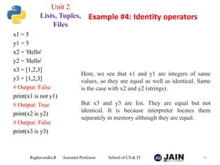 x1 = 5
y1 = 5
x2 = 'Hello'
y2 = 'Hello'
x3 = [1,2,3]
y3 = [1,2,3]
# Output: False
print(x1 is not y1)
# Output: True
print(x2 is y2)
# Output: False
print(x3 is y3)
Raghavendra R Assistant Professor School of CS & IT 11
Example #4: Identity operators
Unit 2
Lists, Tuples,
Files
Here, we see that x1 and y1 are integers of same
values, so they are equal as well as identical. Same
is the case with x2 and y2 (strings).
But x3 and y3 are list. They are equal but not
identical. It is because interpreter locates them
separately in memory although they are equal.
 
