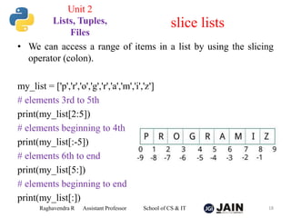 • We can access a range of items in a list by using the slicing
operator (colon).
my_list = ['p','r','o','g','r','a','m','i','z']
# elements 3rd to 5th
print(my_list[2:5])
# elements beginning to 4th
print(my_list[:-5])
# elements 6th to end
print(my_list[5:])
# elements beginning to end
print(my_list[:])
Raghavendra R Assistant Professor School of CS & IT 18
slice lists
Unit 2
Lists, Tuples,
Files
 