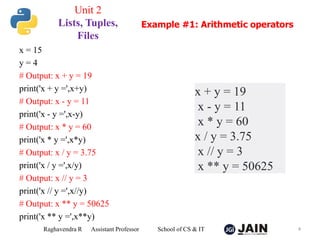 x = 15
y = 4
# Output: x + y = 19
print('x + y =',x+y)
# Output: x - y = 11
print('x - y =',x-y)
# Output: x * y = 60
print('x * y =',x*y)
# Output: x / y = 3.75
print('x / y =',x/y)
# Output: x // y = 3
print('x // y =',x//y)
# Output: x ** y = 50625
print('x ** y =',x**y)
Raghavendra R Assistant Professor School of CS & IT 4
Example #1: Arithmetic operators
Unit 2
Lists, Tuples,
Files
x + y = 19
x - y = 11
x * y = 60
x / y = 3.75
x // y = 3
x ** y = 50625
 