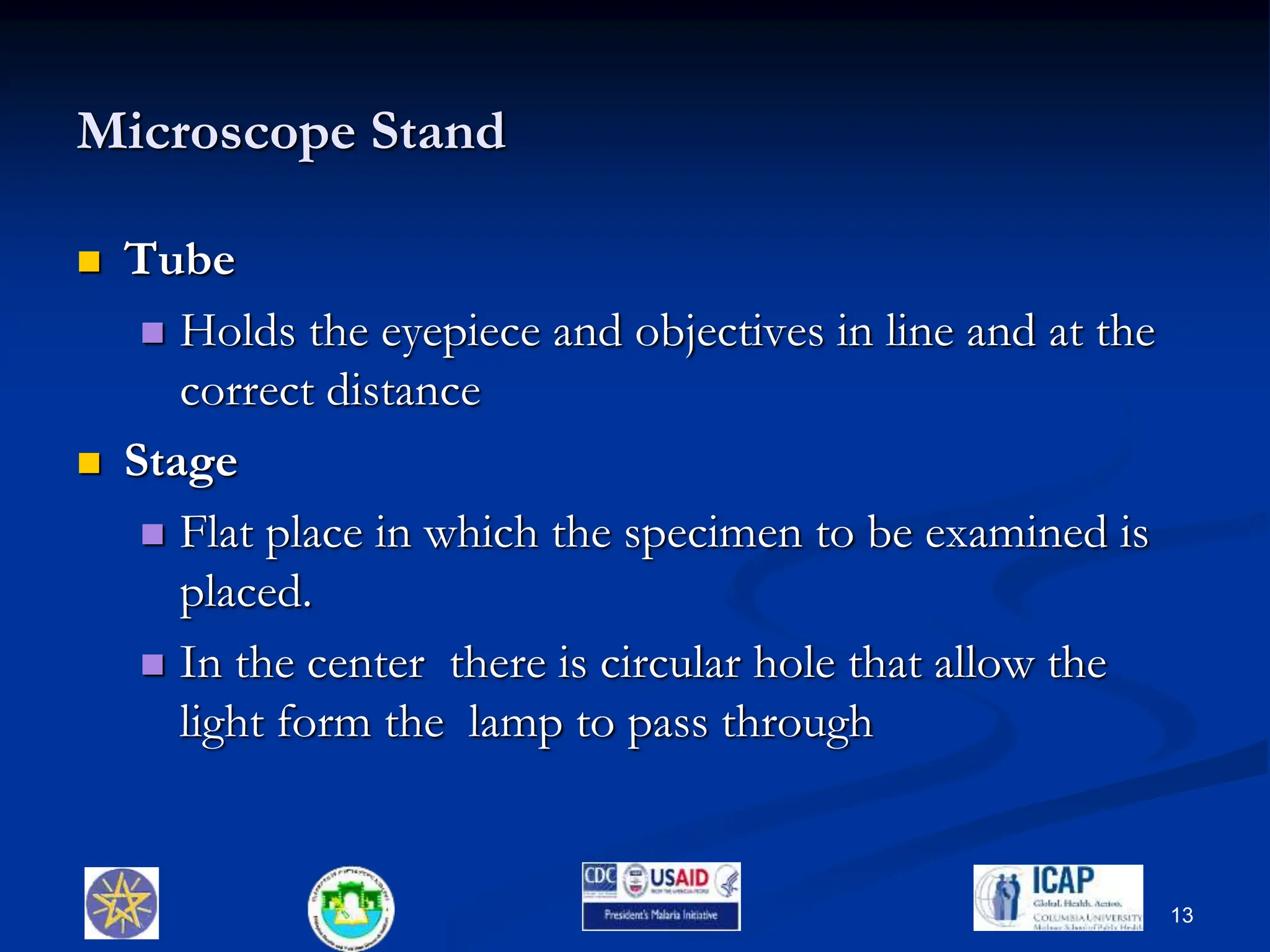 Microscope Stand
 Tube
 Holds the eyepiece and objectives in line and at the
correct distance
 Stage
 Flat place in which the specimen to be examined is
placed.
 In the center there is circular hole that allow the
light form the lamp to pass through
13
 