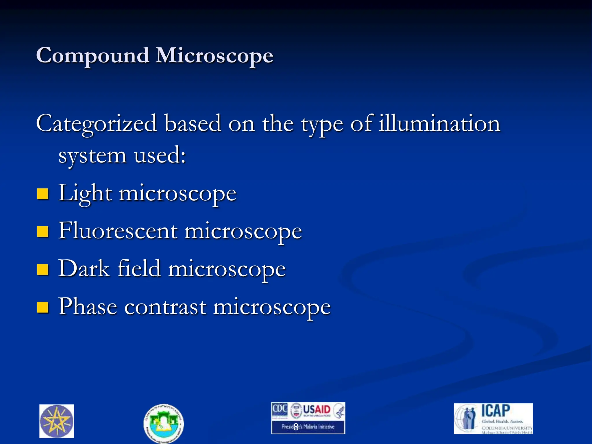 Compound Microscope
Categorized based on the type of illumination
system used:
 Light microscope
 Fluorescent microscope
 Dark field microscope
 Phase contrast microscope
8
 