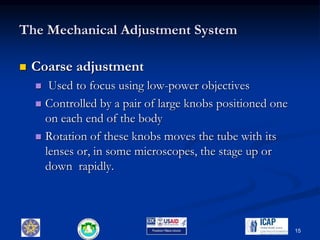 The Mechanical Adjustment System
 Coarse adjustment
 Used to focus using low-power objectives
 Controlled by a pair of large knobs positioned one
on each end of the body
 Rotation of these knobs moves the tube with its
lenses or, in some microscopes, the stage up or
down rapidly.
15
 