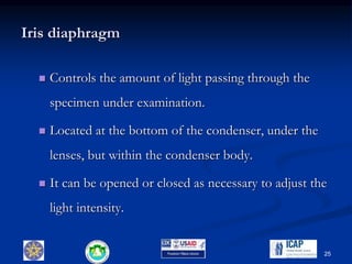 Iris diaphragm
 Controls the amount of light passing through the
specimen under examination.
 Located at the bottom of the condenser, under the
lenses, but within the condenser body.
 It can be opened or closed as necessary to adjust the
light intensity.
25
 