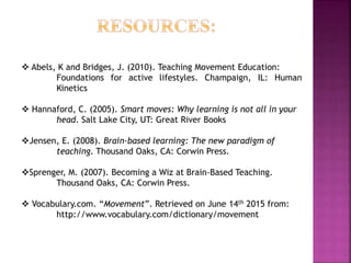  Abels, K and Bridges, J. (2010). Teaching Movement Education:
Foundations for active lifestyles. Champaign, IL: Human
Kinetics
 Hannaford, C. (2005). Smart moves: Why learning is not all in your
head. Salt Lake City, UT: Great River Books
Jensen, E. (2008). Brain-based learning: The new paradigm of
teaching. Thousand Oaks, CA: Corwin Press.
Sprenger, M. (2007). Becoming a Wiz at Brain-Based Teaching.
Thousand Oaks, CA: Corwin Press.
 Vocabulary.com. “Movement”. Retrieved on June 14th 2015 from:
http://www.vocabulary.com/dictionary/movement
 