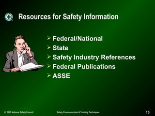Resources for Safety Information
 Federal/National
 State
 Safety Industry References
 Federal Publications
 ASSE

© 2005 National Safety Council

Safety Communication & Training Techniques

13

 