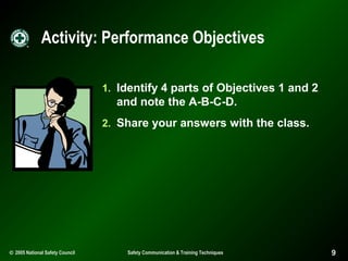 Activity: Performance Objectives
1. Identify 4 parts of Objectives 1 and 2

and note the A-B-C-D.
2. Share your answers with the class.

© 2005 National Safety Council

Safety Communication & Training Techniques

9

 