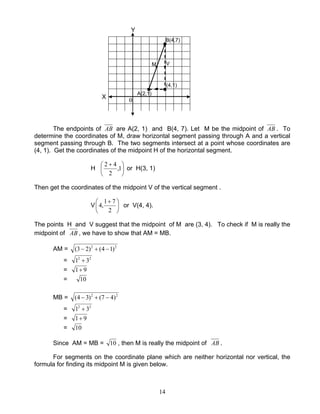 14
The endpoints of AB are A(2, 1) and B(4, 7). Let M be the midpoint of AB . To
determine the coordinates of M, draw horizontal segment passing through A and a vertical
segment passing through B. The two segments intersect at a point whose coordinates are
(4, 1). Get the coordinates of the midpoint H of the horizontal segment.
H 




 +
1,
2
42
or H(3, 1)
Then get the coordinates of the midpoint V of the vertical segment .
V 




 +
2
71
,4 or V(4, 4).
The points H and V suggest that the midpoint of M are (3, 4). To check if M is really the
midpoint of AB , we have to show that AM = MB.
AM = 22
)14()23( −+−
= 22
31 +
= 91+
= 10
MB = 22
)47()34( −+−
= 22
31 +
= 91+
= 10
Since AM = MB = 10 , then M is really the midpoint of AB .
For segments on the coordinate plane which are neither horizontal nor vertical, the
formula for finding its midpoint M is given below.
H (4,1)
B(4,7)
A(2,1)
M V
X
Y
0
 
