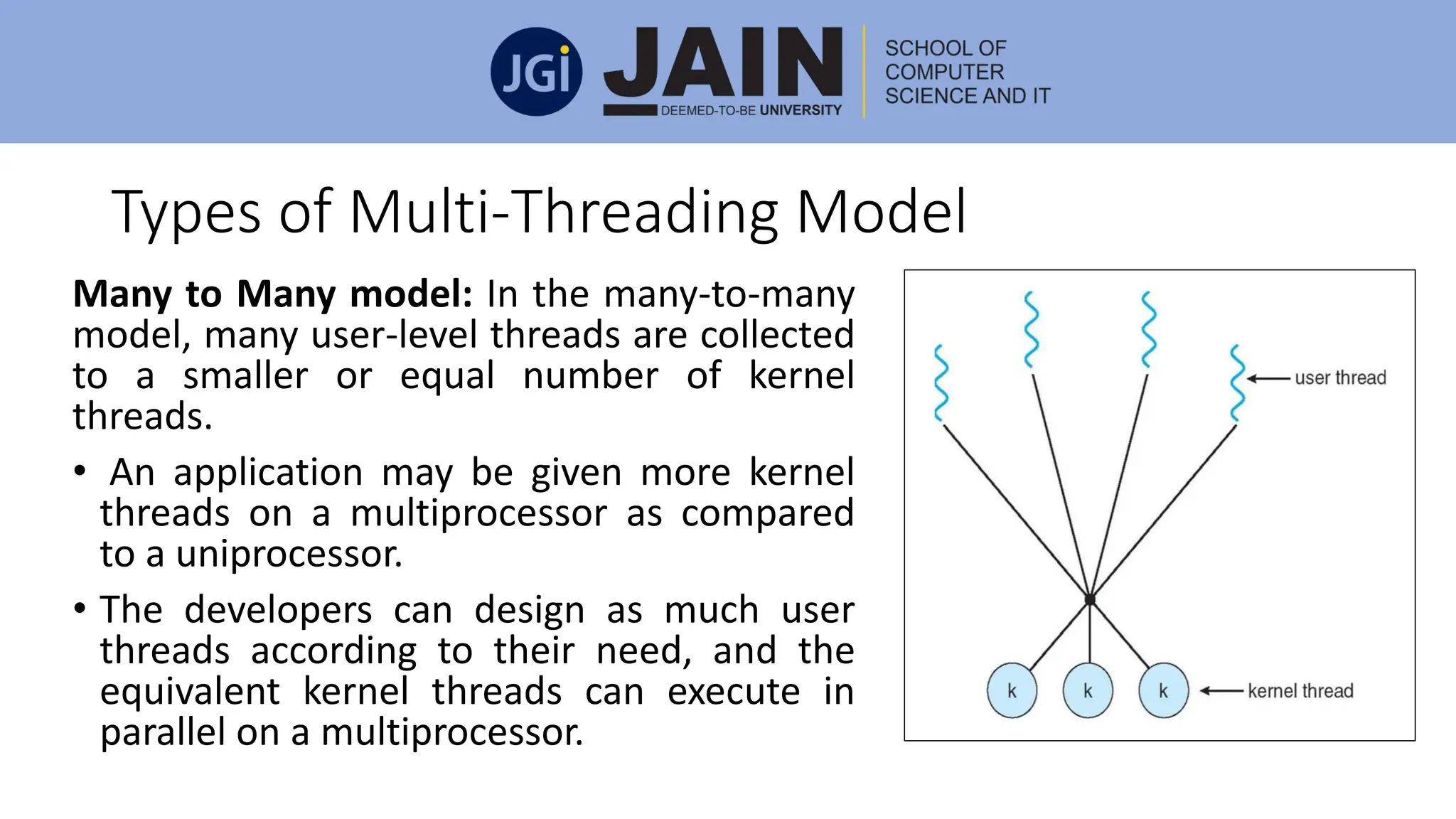 Types of Multi-Threading Model
Many to Many model: In the many-to-many
model, many user-level threads are collected
to a smaller or equal number of kernel
threads.
• An application may be given more kernel
threads on a multiprocessor as compared
to a uniprocessor.
• The developers can design as much user
threads according to their need, and the
equivalent kernel threads can execute in
parallel on a multiprocessor.
 