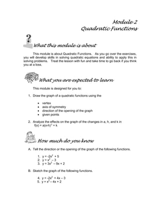 Module 2
Quadratic Functions
What this module is about
This module is about Quadratic Functions. As you go over the exercises,
you will develop skills in solving quadratic equations and ability to apply this in
solving problems. Treat the lesson with fun and take time to go back if you think
you at a loss.
What you are expected to learn
This module is designed for you to:
1. Draw the graph of a quadratic functions using the
• vertex
• axis of symmetry
• direction of the opening of the graph
• given points
2. Analyze the effects on the graph of the changes in a, h, and k in
f(x) = a(x-h) 2
+ k
How much do you know
A. Tell the direction or the opening of the graph of the following functions.
1. y = -2x2
+ 5
2. y = x2
– 3
3. y = 3x2
– 9x + 2
B. Sketch the graph of the following functions.
4. y = -2x2
+ 4x – 3
5. y = x2
– 4x + 2
 