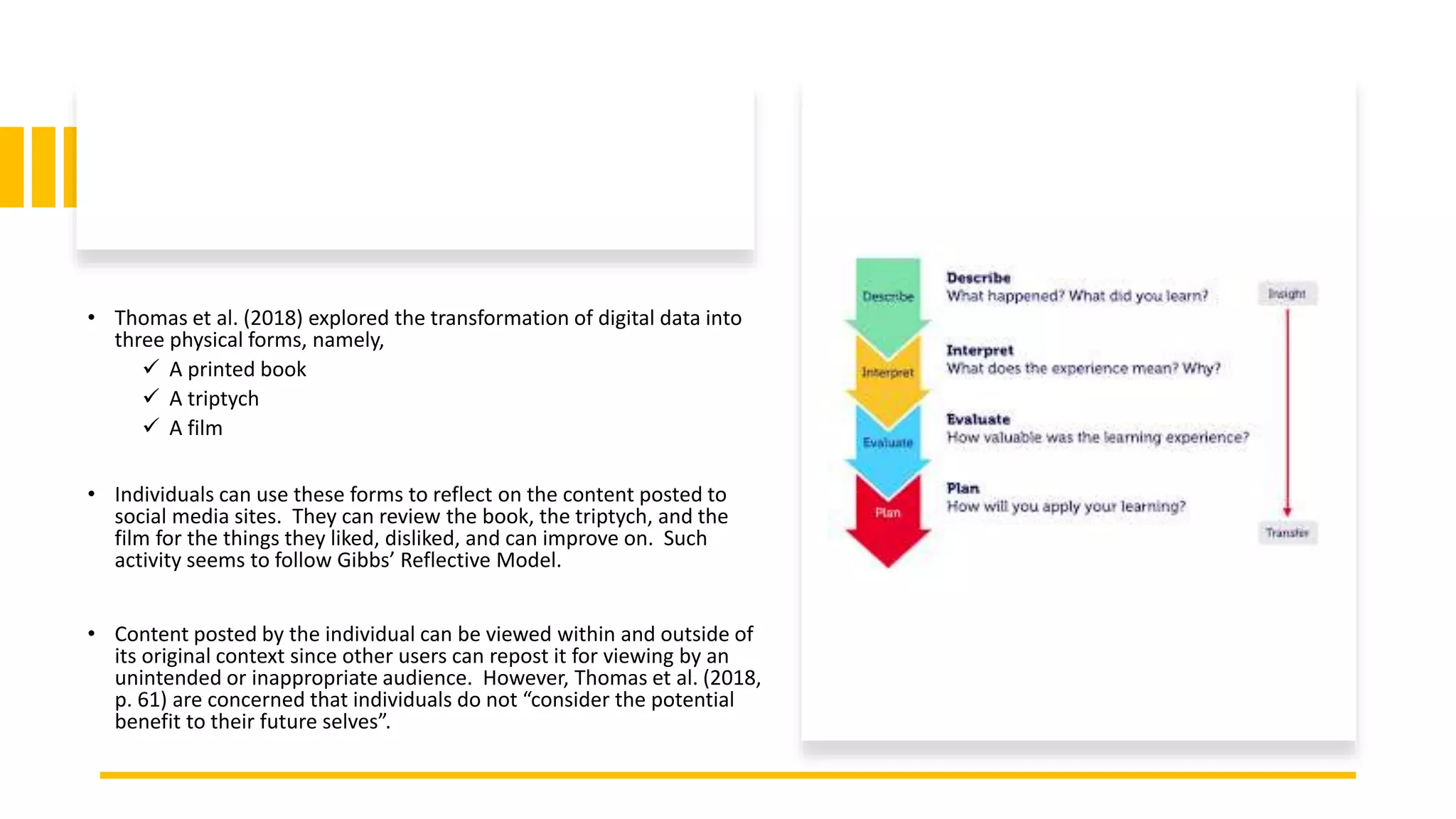 • Thomas et al. (2018) explored the transformation of digital data into
three physical forms, namely,
 A printed book
 A triptych
 A film
• Individuals can use these forms to reflect on the content posted to
social media sites. They can review the book, the triptych, and the
film for the things they liked, disliked, and can improve on. Such
activity seems to follow Gibbs’ Reflective Model.
• Content posted by the individual can be viewed within and outside of
its original context since other users can repost it for viewing by an
unintended or inappropriate audience. However, Thomas et al. (2018,
p. 61) are concerned that individuals do not “consider the potential
benefit to their future selves”.
 