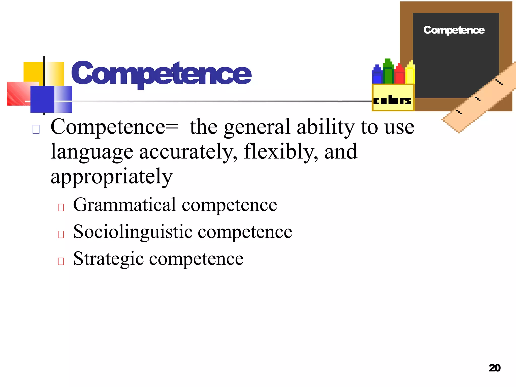 Competence
Competence= the general ability to use
language accurately, flexibly, and
appropriately
Grammatical competence
Sociolinguistic competence
Strategic competence
Competence
20
 