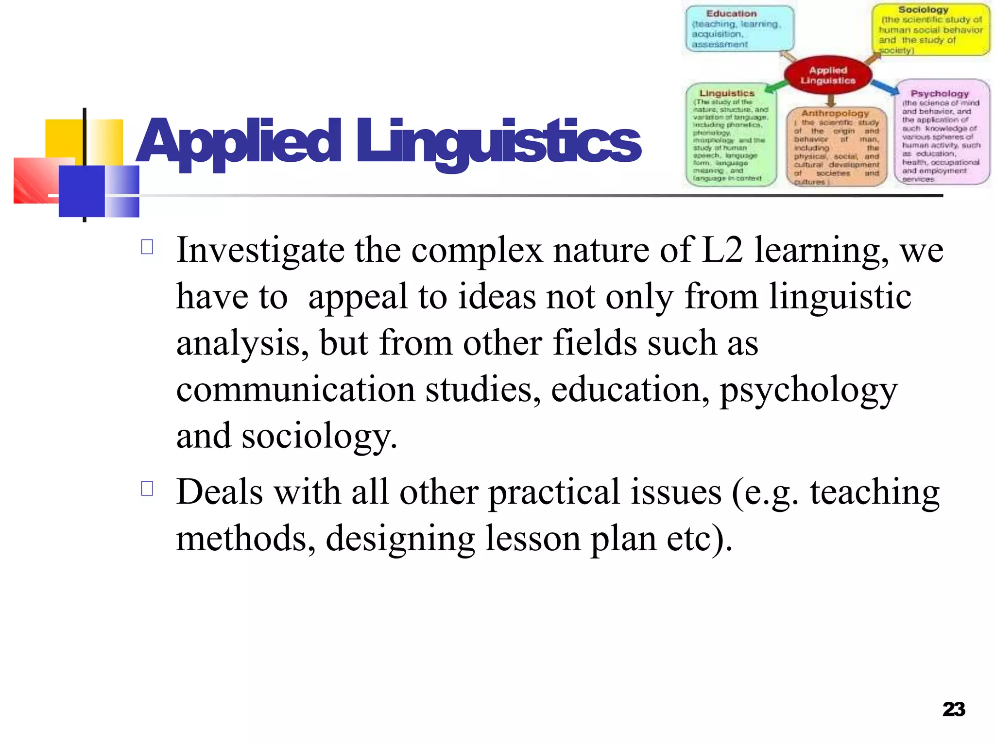 AppliedLinguistics
Investigate the complex nature of L2 learning, we
have to appeal to ideas not only from linguistic
analysis, but from other fields such as
communication studies, education, psychology
and sociology.
Deals with all other practical issues (e.g. teaching
methods, designing lesson plan etc).
23
 