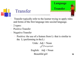 Language
Transfer
12
Transfer typically refer to the learner trying to apply rules
and forms of the first language into second language.
2 types:
Positive Transfer
Negative Transfer
Positive: the use of a feature from L1 that is similar to
the L2 performing in theL2
Urdu: Adj + Noun
English: Adj + Noun
Beautiful girl
Transfer
 
