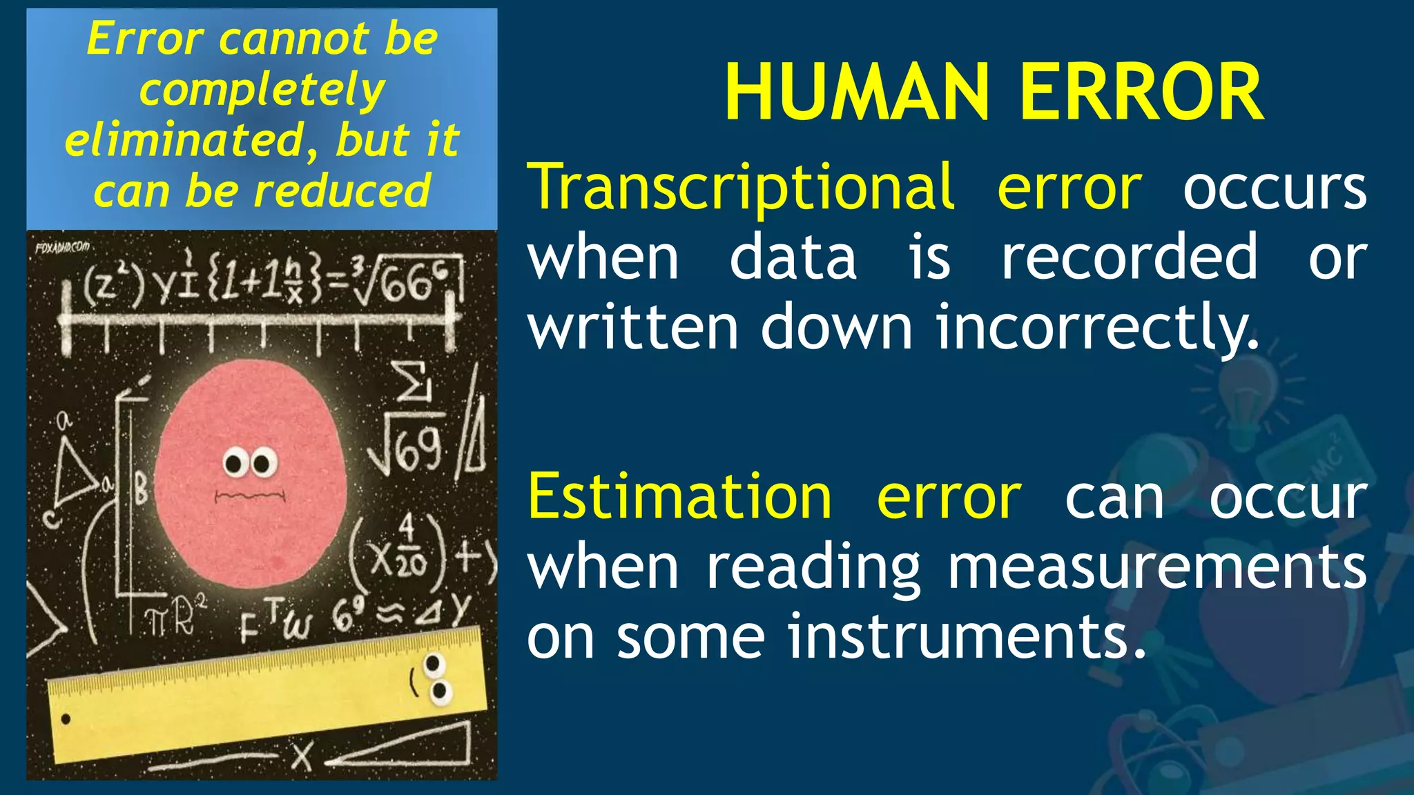 Error cannot be
completely
eliminated, but it
can be reduced Transcriptional error occurs
when data is recorded or
written down incorrectly.
Estimation error can occur
when reading measurements
on some instruments.
HUMAN ERROR
 