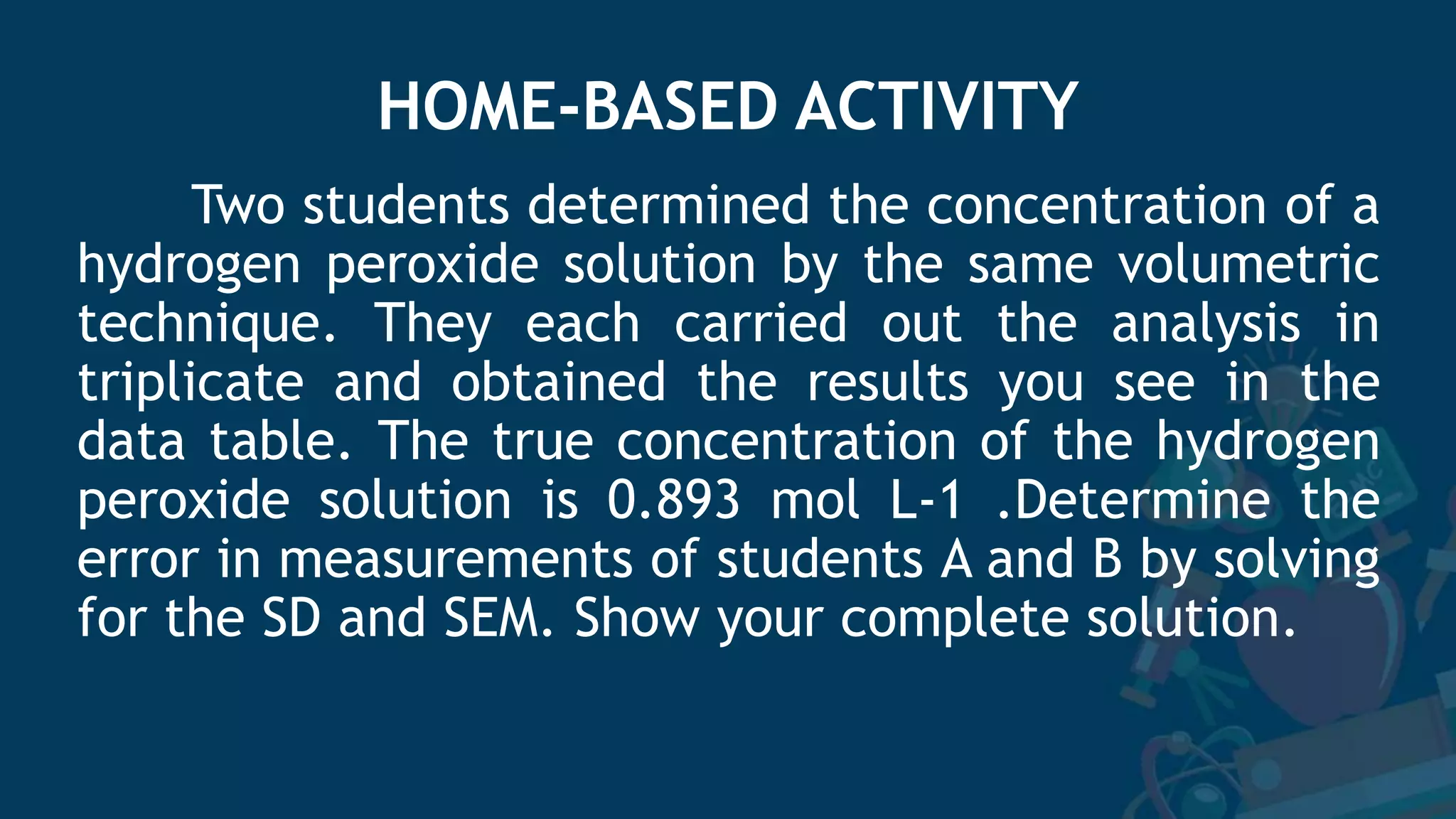 HOME-BASED ACTIVITY
Two students determined the concentration of a
hydrogen peroxide solution by the same volumetric
technique. They each carried out the analysis in
triplicate and obtained the results you see in the
data table. The true concentration of the hydrogen
peroxide solution is 0.893 mol L-1 .Determine the
error in measurements of students A and B by solving
for the SD and SEM. Show your complete solution.
 