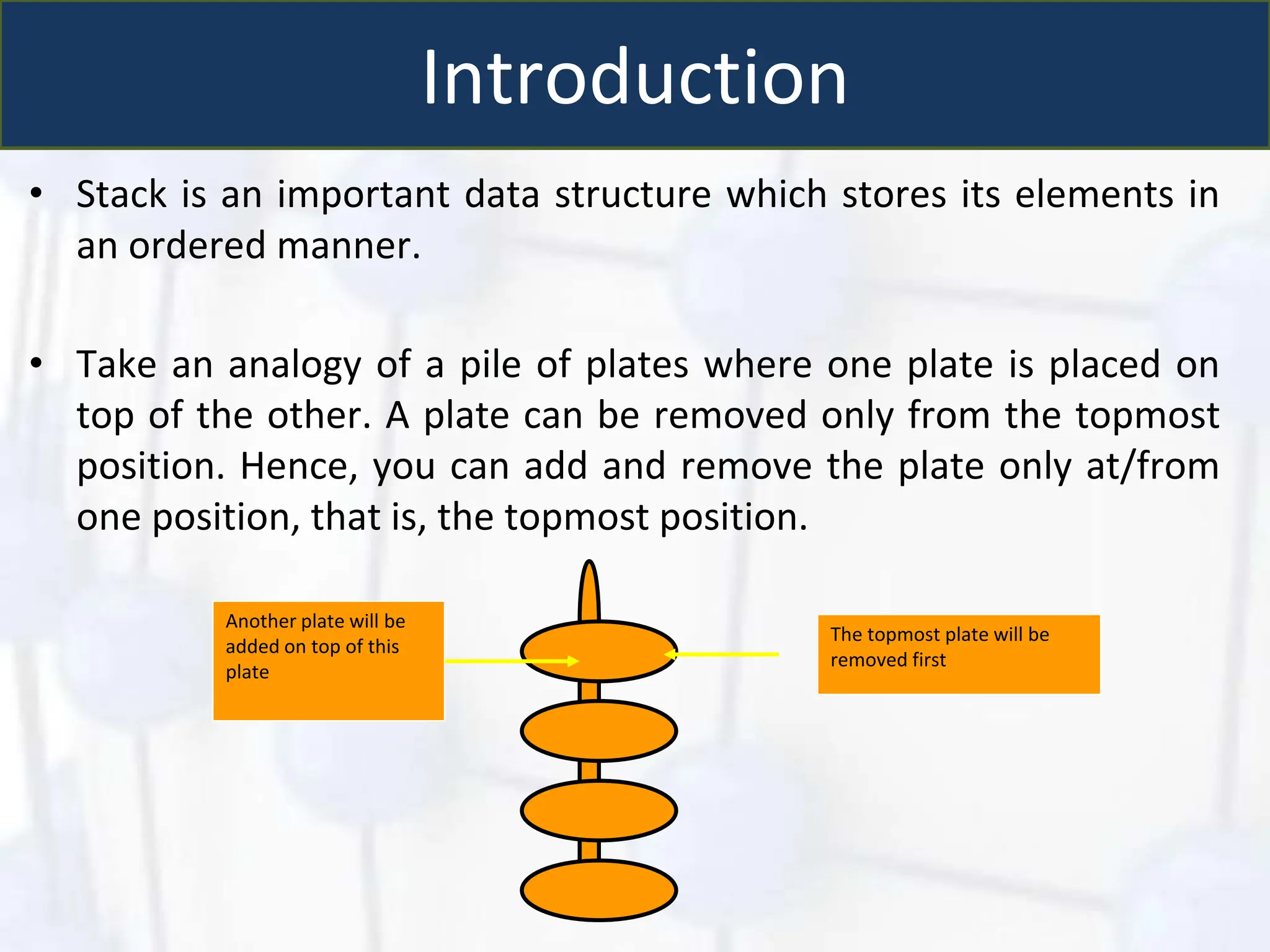 Introduction
• Stack is an important data structure which stores its elements in
an ordered manner.
• Take an analogy of a pile of plates where one plate is placed on
top of the other. A plate can be removed only from the topmost
position. Hence, you can add and remove the plate only at/from
one position, that is, the topmost position.
The topmost plate will be
removed first
Another plate will be
added on top of this
plate
 