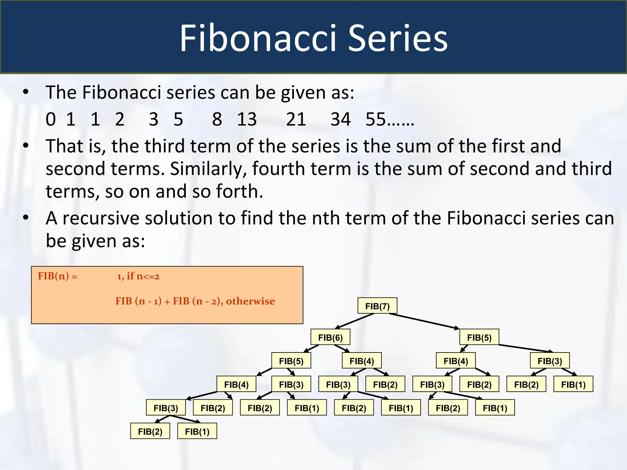 Fibonacci Series
• The Fibonacci series can be given as:
0 1 1 2 3 5 8 13 21 34 55……
• That is, the third term of the series is the sum of the first and
second terms. Similarly, fourth term is the sum of second and third
terms, so on and so forth.
• A recursive solution to find the nth term of the Fibonacci series can
be given as:
FIB(n) = 1, if n<=2
FIB (n - 1) + FIB (n - 2), otherwise FIB(7)
FIB(6) FIB(5)
FIB(5) FIB(4) FIB(4)
FIB(4) FIB(3) FIB(3) FIB(2) FIB(3) FIB(2) FIB(2) FIB(1)
FIB(3) FIB(2)
FIB(2) FIB(1)
FIB(2) FIB(1) FIB(2) FIB(1)
FIB(2) FIB(1)
FIB(3)
 