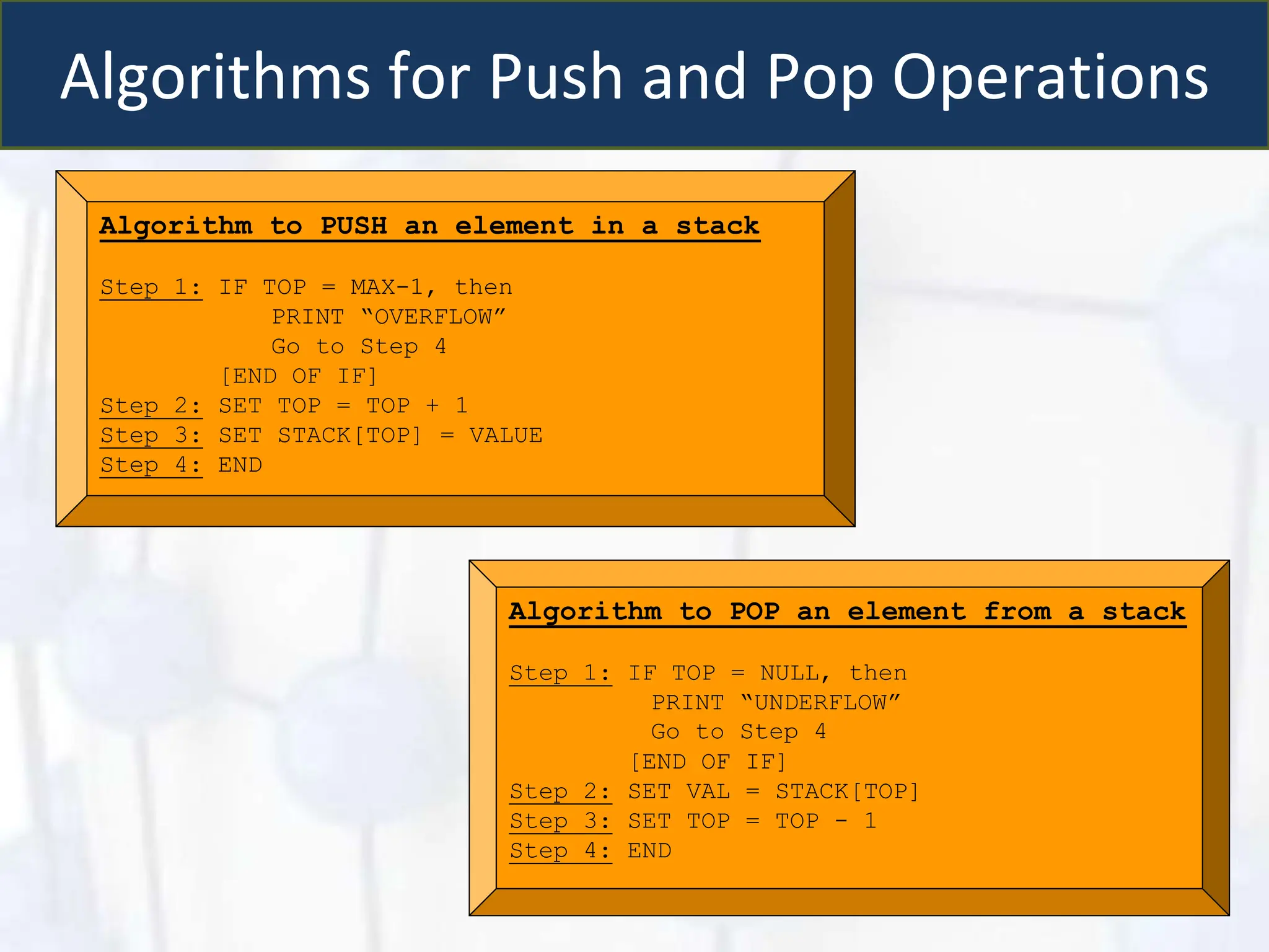 Algorithms for Push and Pop Operations
Algorithm to PUSH an element in a stack
Step 1: IF TOP = MAX-1, then
PRINT “OVERFLOW”
Go to Step 4
[END OF IF]
Step 2: SET TOP = TOP + 1
Step 3: SET STACK[TOP] = VALUE
Step 4: END
Algorithm to POP an element from a stack
Step 1: IF TOP = NULL, then
PRINT “UNDERFLOW”
Go to Step 4
[END OF IF]
Step 2: SET VAL = STACK[TOP]
Step 3: SET TOP = TOP - 1
Step 4: END
 