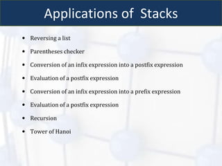 Applications of Stacks
• Reversing a list
• Parentheses checker
• Conversion of an infix expression into a postfix expression
• Evaluation of a postfix expression
• Conversion of an infix expression into a prefix expression
• Evaluation of a postfix expression
• Recursion
• Tower of Hanoi
 