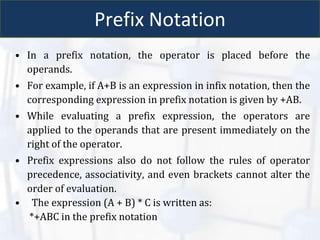Prefix Notation
• In a prefix notation, the operator is placed before the
operands.
• For example, if A+B is an expression in infix notation, then the
corresponding expression in prefix notation is given by +AB.
• While evaluating a prefix expression, the operators are
applied to the operands that are present immediately on the
right of the operator.
• Prefix expressions also do not follow the rules of operator
precedence, associativity, and even brackets cannot alter the
order of evaluation.
• The expression (A + B) * C is written as:
*+ABC in the prefix notation
 