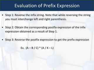 Evaluation of Prefix Expression
• Step 1: Reverse the infix string. Note that while reversing the string
you must interchange left and right parenthesis.
• Step 2: Obtain the corresponding postfix expression of the infix
expression obtained as a result of Step 1.
• Step 3: Reverse the postfix expression to get the prefix expression
Ex. (A – B / C) * (A / K – L)
 