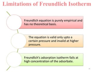 Limitations of Freundlich Isotherm
Freundlich equation is purely empirical and
has no theoretical basis.
The equation is valid only upto a
certain pressure and invalid at higher
pressure.
Freundlich's adsorption isotherm fails at
high concentration of the adsorbate.
31
 