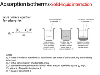 Adsorptionisotherms-Solid-liquidinteraction
where
qe = mass of material adsorbed (at equilibrium) per mass of adsorbent, mg adsorbate/g
adsorbent
C0 = initial concentration of adsorbate, mg/L
Ce = equilibrium concentration in solution when amount adsorbed equals qe, mg/L
V = volume of liquid in the reactor, L
m = mass of adsorbent, g
mass balance equation
for adsorption
 