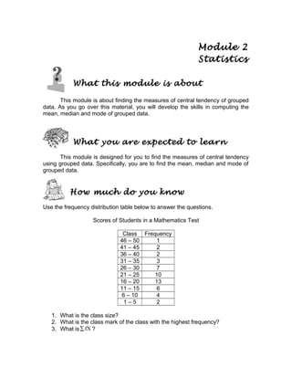 Module 2
Statistics
What this module is about
This module is about finding the measures of central tendency of grouped
data. As you go over this material, you will develop the skills in computing the
mean, median and mode of grouped data.

What you are expected to learn
This module is designed for you to find the measures of central tendency
using grouped data. Specifically, you are to find the mean, median and mode of
grouped data.

How much do you know
Use the frequency distribution table below to answer the questions.
Scores of Students in a Mathematics Test
Class Frequency
46 – 50
1
41 – 45
2
36 – 40
2
31 – 35
3
26 – 30
7
21 – 25
10
16 – 20
13
11 – 15
6
6 – 10
4
1–5
2
1. What is the class size?
2. What is the class mark of the class with the highest frequency?
3. What is ∑ fX ?

 