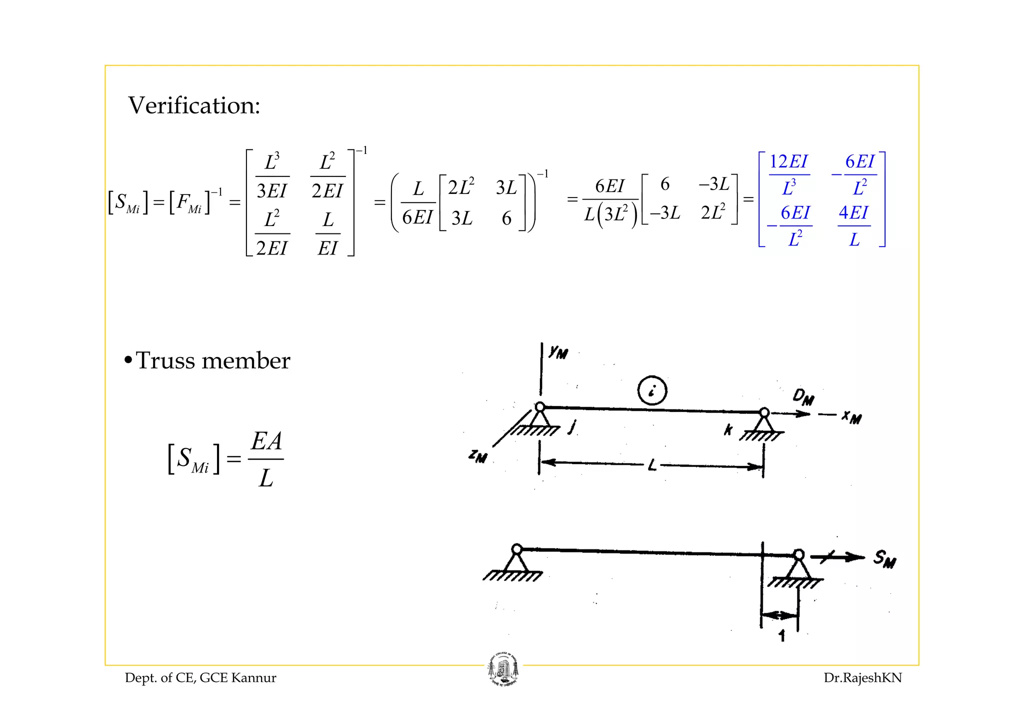 Dept. of CE, GCE Kannur Dr.RajeshKN
[ ] [ ]
13 2
1
2
1
2
2 33 2
6 3 6
2
Mi Mi
L L
L LLEI EI
S F
EI LL L
EI EI
−
−
−
⎡ ⎤
⎢ ⎥ ⎛ ⎞⎡ ⎤
= = =⎢ ⎥ ⎜ ⎟⎢ ⎥⎜ ⎟⎢ ⎥ ⎣ ⎦⎝ ⎠
⎢ ⎥⎣ ⎦
( )
2
2
3
2
2
6 36
3
12 6
6 423
EI EI
L L
EI EI
L
LEI
L LL L
L
−⎡ ⎤
= =⎢ ⎥−⎣
⎡ ⎤
−⎢ ⎥
⎢ ⎥
⎢
⎢
⎦ ⎥−
⎥⎣ ⎦
Verification:
[ ]Mi
EA
S
L
=
•Truss member
 