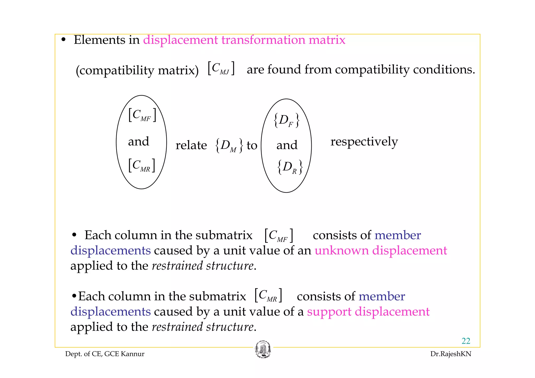 Dept. of CE, GCE Kannur Dr.RajeshKN
22
• Elements in displacement transformation matrix
(compatibility matrix) [ ]MJC are found from compatibility conditions.
•Each column in the submatrix consists of member
displacements caused by a unit value of a support displacement
applied to the restrained structure.
[ ]MRC
[ ]MFC• Each column in the submatrix consists of member
displacements caused by a unit value of an unknown displacement
applied to the restrained structure.
{ }MDrelate to respectively
[ ]MFC
[ ]MRC
and
{ }FD
{ }RD
and
 