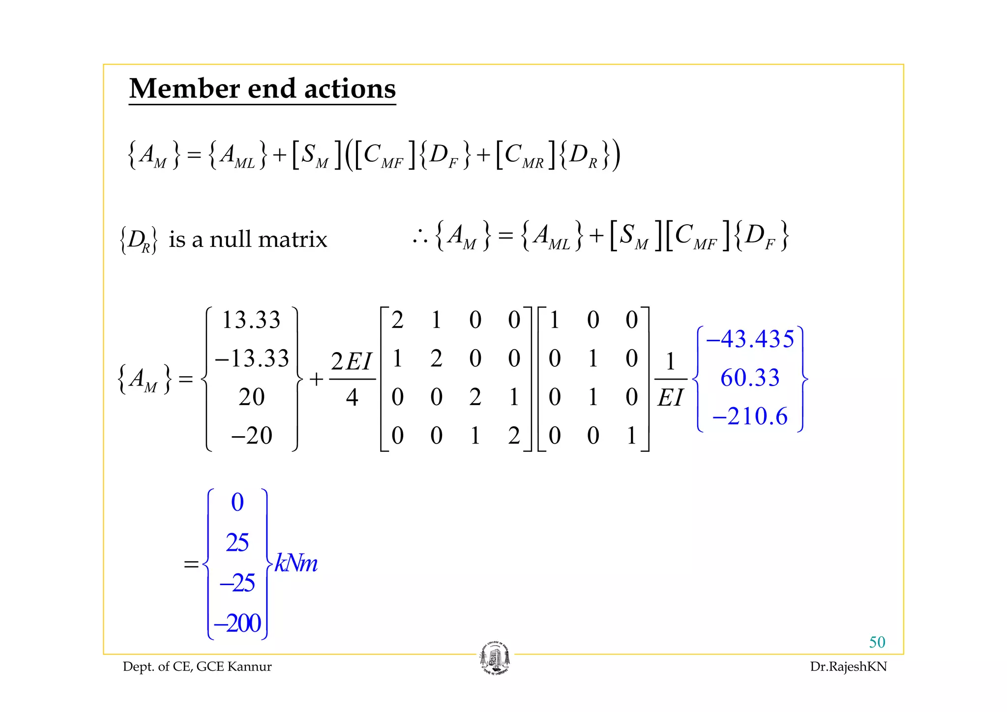 Dept. of CE, GCE Kannur Dr.RajeshKN
50
{ } { } [ ] [ ]{ } [ ]{ }( )M ML M MF F MR RA A S C D C D= + +
{ }
43.435
60.33
210.6
13.33 2 1 0 0 1 0 0
13.33 1 2 0 0 0 1 02 1
20 0 0 2 1 0 1 04
20 0 0 1 2 0 0 1
M
EI
A
EI
⎧ ⎫ ⎡ ⎤ ⎡ ⎤
⎪ ⎪ ⎢ ⎥ ⎢ ⎥−⎪ ⎪ ⎢ ⎥ ⎢ ⎥= +⎨ ⎬
⎢ ⎥ ⎢ ⎥⎪ ⎪
⎢ ⎥ ⎢ ⎥⎪ ⎪−
−⎧ ⎫
⎪ ⎪
⎨ ⎬
⎪ ⎪−
⎣
⎩
⎭ ⎦ ⎣ ⎦
⎭
⎩
0
25
25
200
kNm
⎧ ⎫
⎪ ⎪
⎪ ⎪
⎨ ⎬
−⎪ ⎪
⎪ ⎪−⎩ ⎭
=
is a null matrix{ }RD
Member end actions
{ } { } [ ][ ]{ }M ML M MF FA A S C D∴ = +
 