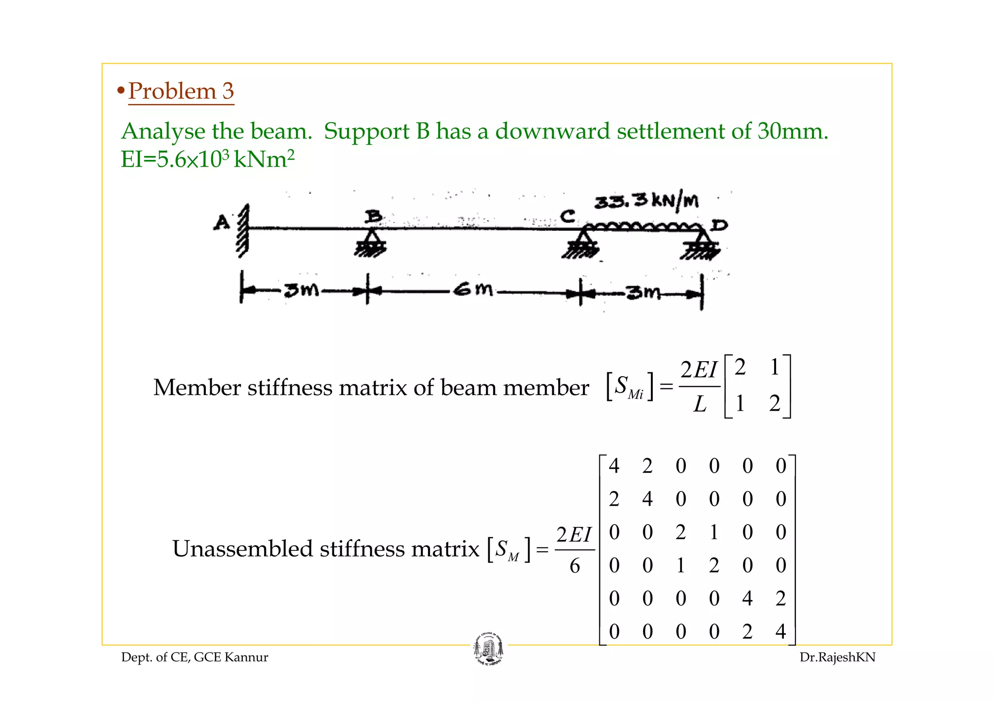 Dept. of CE, GCE Kannur Dr.RajeshKN
•Problem 3
Analyse the beam. Support B has a downward settlement of 30mm.
EI=5.6×103 kNm2
[ ]
4 2 0 0 0 0
2 4 0 0 0 0
0 0 2 1 0 02
0 0 1 2 0 06
0 0 0 0 4 2
0 0 0 0 2 4
M
EI
S
⎡ ⎤
⎢ ⎥
⎢ ⎥
⎢ ⎥
= ⎢ ⎥
⎢ ⎥
⎢ ⎥
⎢ ⎥
⎣ ⎦
Unassembled stiffness matrix
[ ]
2 12
1 2Mi
EI
S
L
⎡ ⎤
= ⎢ ⎥
⎣ ⎦
Member stiffness matrix of beam member
 