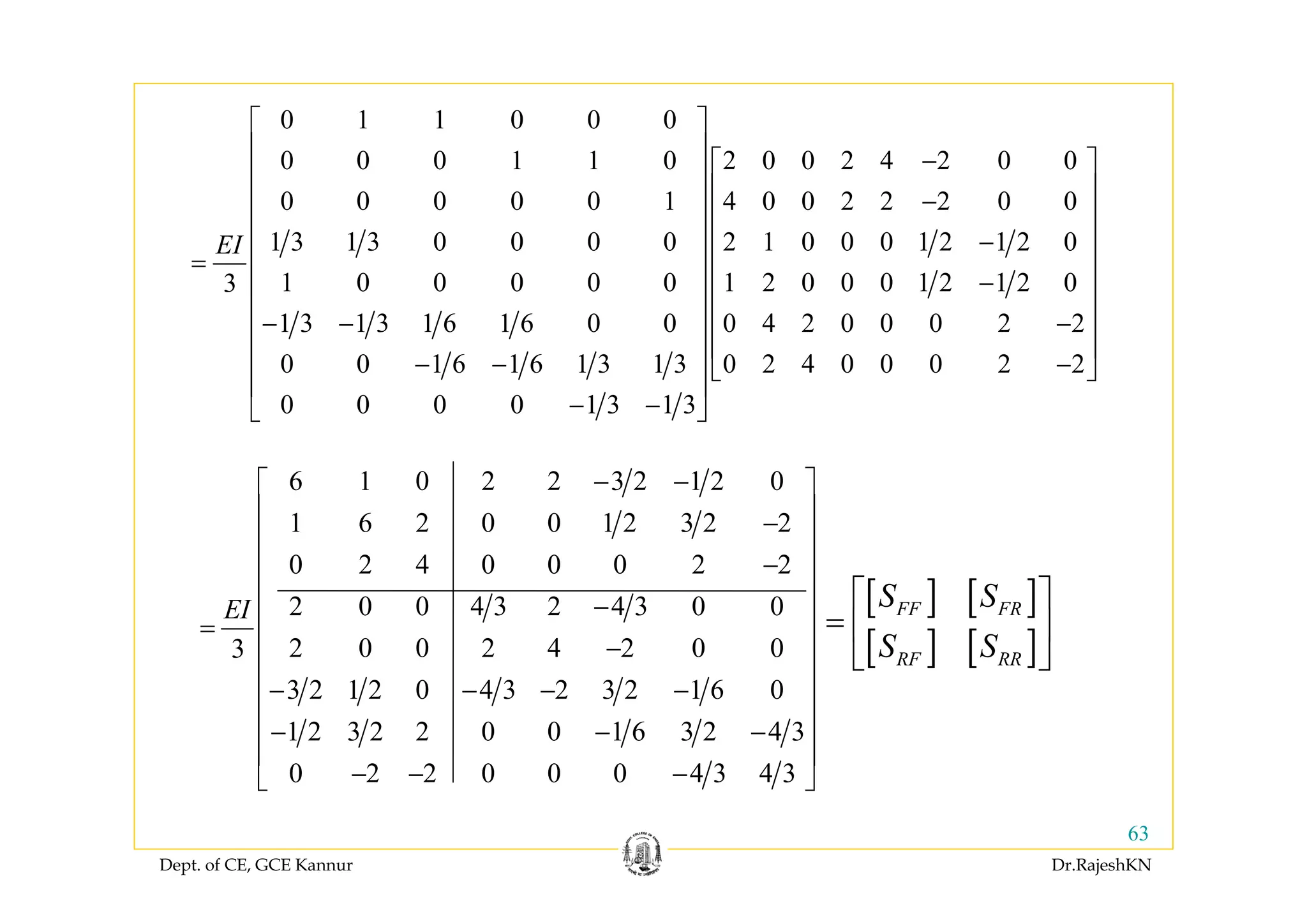 Dept. of CE, GCE Kannur Dr.RajeshKN
63
[ ] [ ]
[ ] [ ]
FF FR
RF RR
S S
S S
⎡ ⎤
= ⎢ ⎥
⎣ ⎦
0 1 1 0 0 0
0 0 0 1 1 0 2 0 0 2 4 2 0 0
0 0 0 0 0 1 4 0 0 2 2 2 0 0
1 3 1 3 0 0 0 0 2 1 0 0 0 1 2 1 2 0
1 0 0 0 0 0 1 2 0 0 0 1 2 1 2 03
1 3 1 3 1 6 1 6 0 0 0 4 2 0 0 0 2 2
0 0 1 6 1 6 1 3 1 3 0 2 4 0 0 0 2 2
0 0 0 0 1 3 1 3
EI
⎡ ⎤
⎢ ⎥ −⎡ ⎤⎢ ⎥
⎢ ⎥−⎢ ⎥
⎢ ⎥⎢ ⎥
−⎢ ⎥⎢ ⎥= ⎢ ⎥⎢ ⎥ −⎢ ⎥⎢ ⎥
⎢ ⎥− − −⎢ ⎥
⎢ ⎥⎢ ⎥− − −⎣ ⎦
⎢ ⎥
− −⎣ ⎦
6 1 0 2 2 3 2 1 2 0
1 6 2 0 0 1 2 3 2 2
0 2 4 0 0 0 2 2
2 0 0 4 3 2 4 3 0 0
2 0 0 2 4 2 0 03
3 2 1 2 0 4 3 2 3 2 1 6 0
1 2 3 2 2 0 0 1 6 3 2 4 3
0 2 2 0 0 0 4 3 4 3
EI
− −⎡ ⎤
⎢ ⎥−
⎢ ⎥
−⎢ ⎥
⎢ ⎥
−⎢ ⎥=
⎢ ⎥−
⎢ ⎥
− − − −⎢ ⎥
⎢ ⎥− − −
⎢ ⎥
− − −⎣ ⎦
 